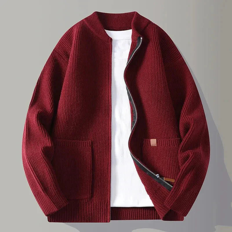 Men's loose knitted cardigan full zip mock neck lightweight ribbed sweater jacket for layering
