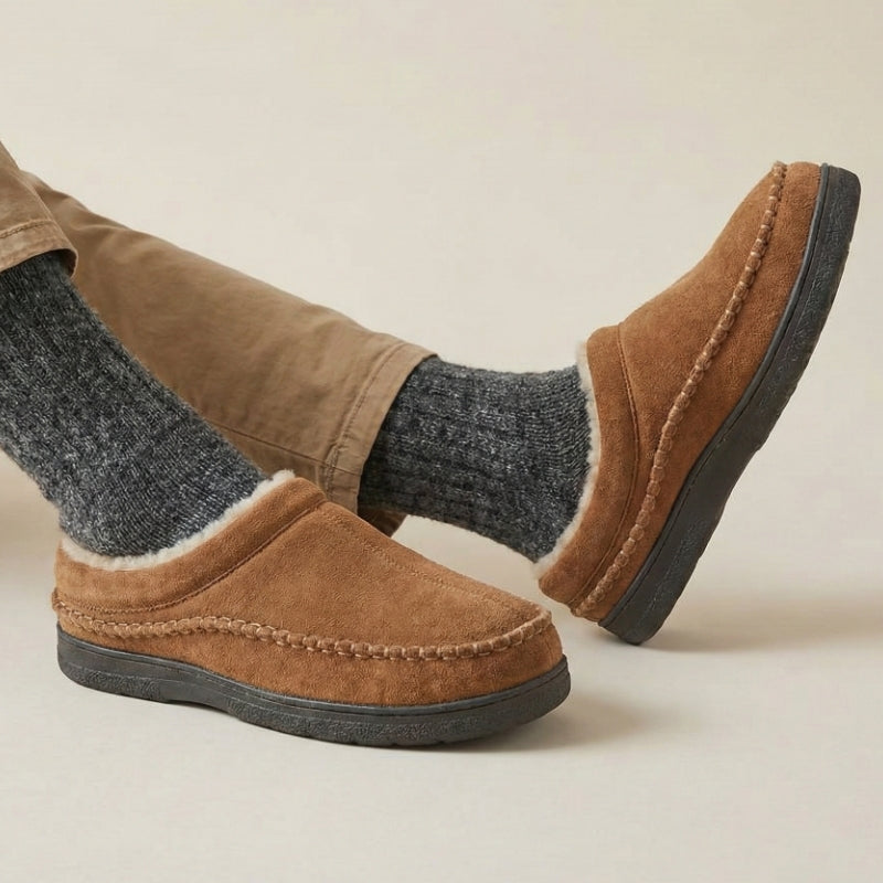 Men's wide-fit orthopedic moccasin slippers fleece-lined arch support non-slip sole cozy winter comfort