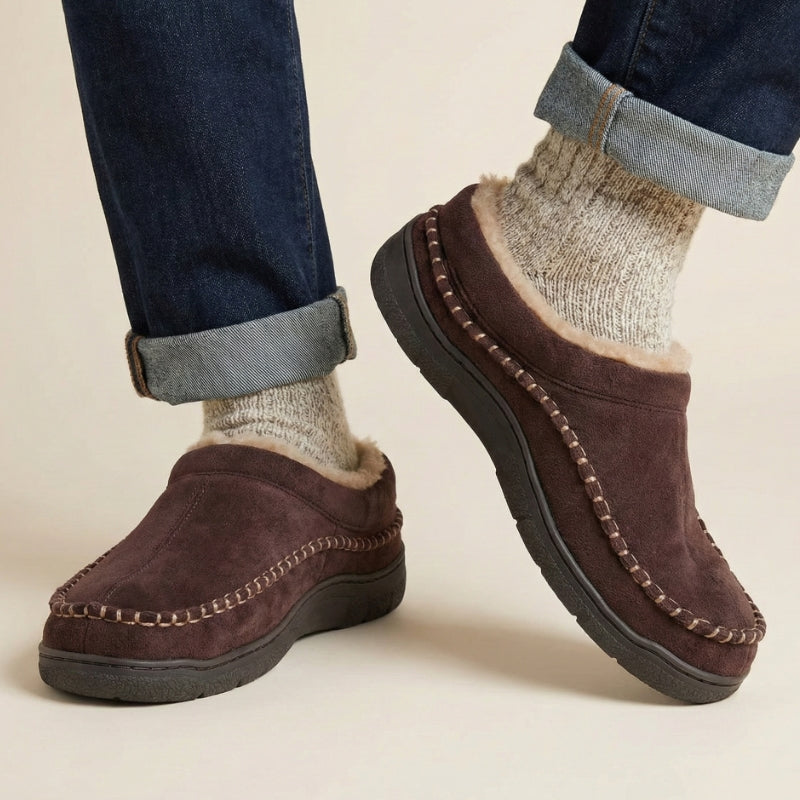 Men's wide fit orthopedic moccasin slippers fleece-lined arch support non-slip cozy winter footwear