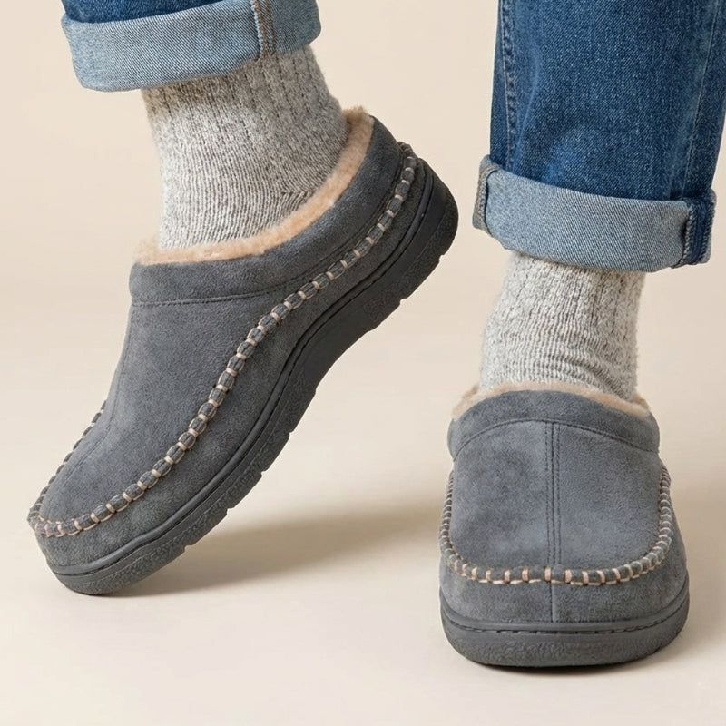 Men's wide fit orthopedic moccasin slippers fleece lining arch support non-slip sole cozy winter