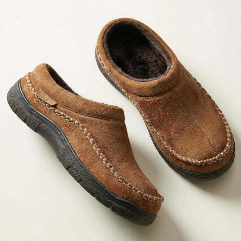 Men's wide fit orthopedic moccasin slippers fleece-lined arch support non-slip sole cozy winter comfort