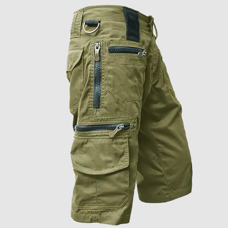 Men's olive tactical cargo shorts relaxed fit multiple pockets street style urban wear