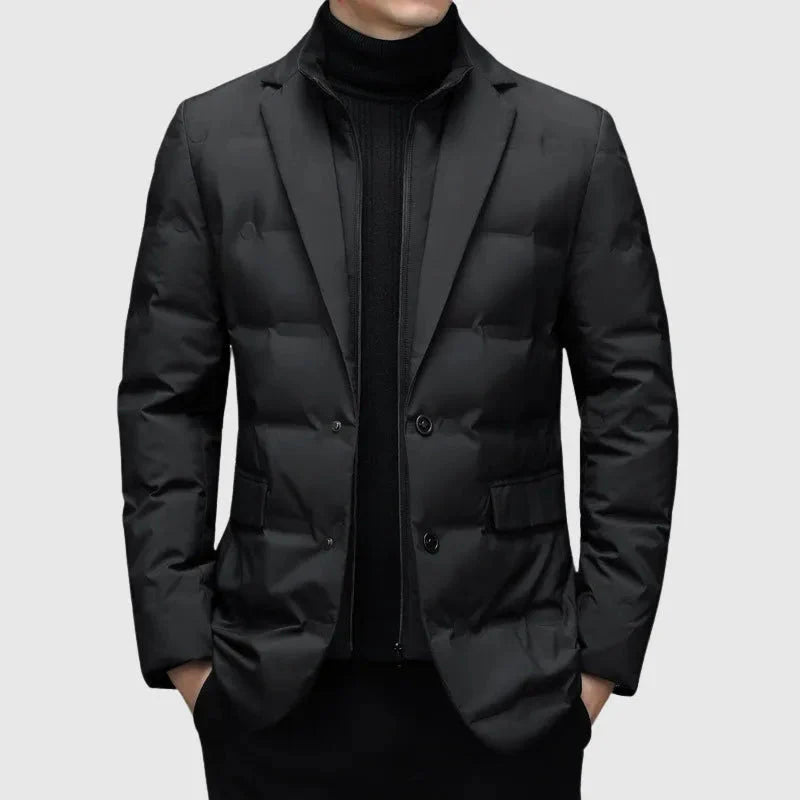 Men's navy quilted down blazer jacket with notched lapels and dual-button smart-casual closure