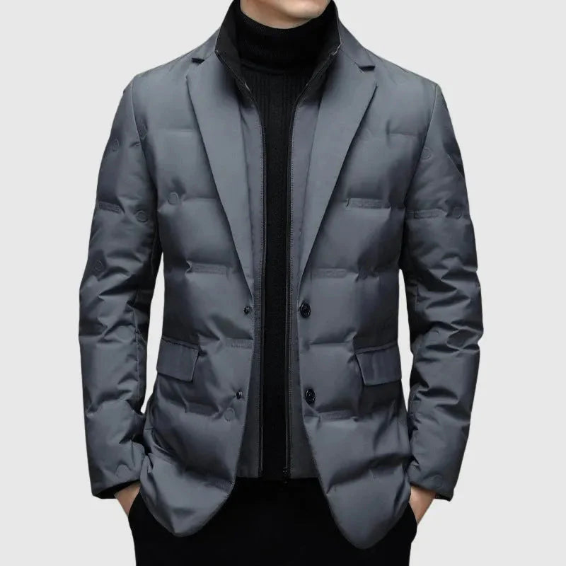 Men's quilted down blazer jacket in neutral tone with notched lapels and dual-button closure