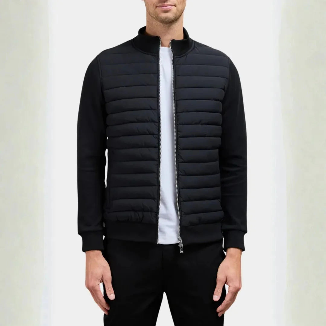 Men's quilted hybrid jacket with padded front, flexible sleeves, lightweight insulation for all-day comfort