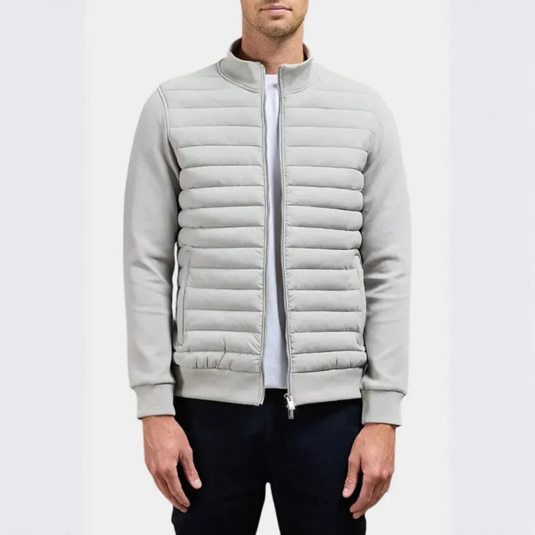 Men's quilted hybrid jacket with padded front, flexible sleeves, and lightweight insulation for all-day wear