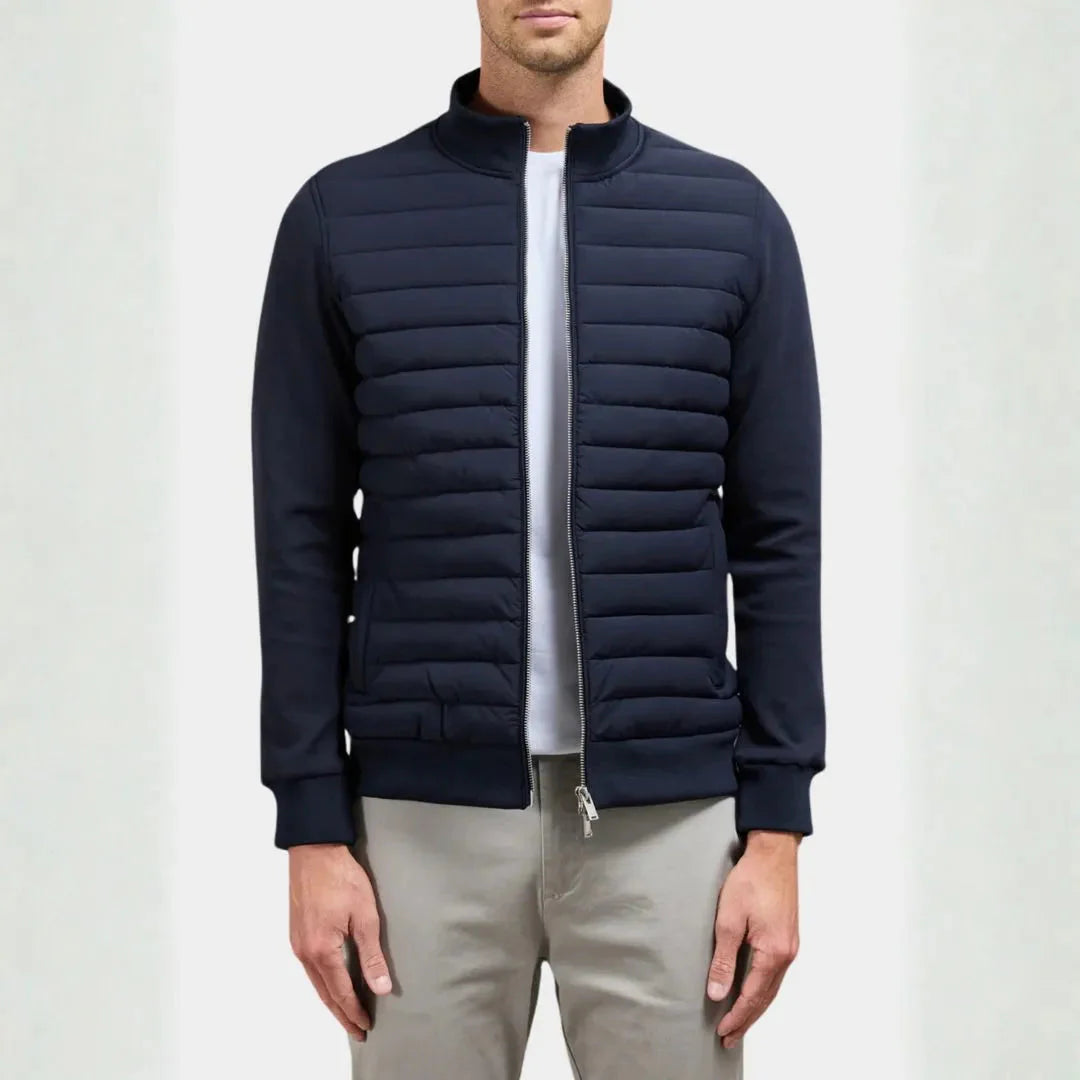 Men's quilted hybrid jacket with padded front, flexible sleeves, lightweight insulated casual style