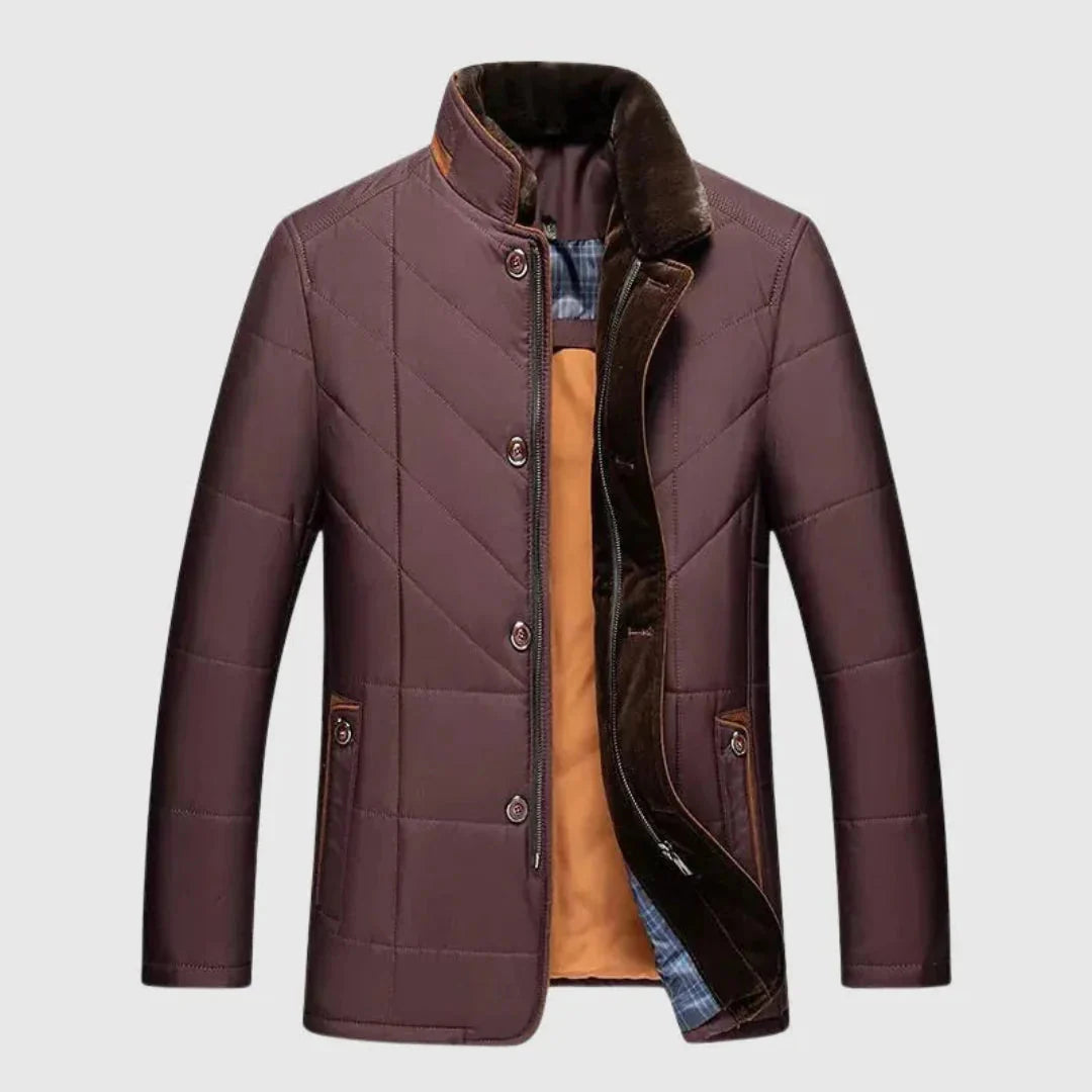 Men's lightweight quilted padded jacket with stand collar and dual button-zip closure for professionals
