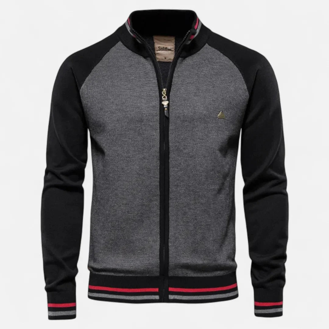 Men's navy color block knit jacket raglan sleeve full zip stand collar textured front panel