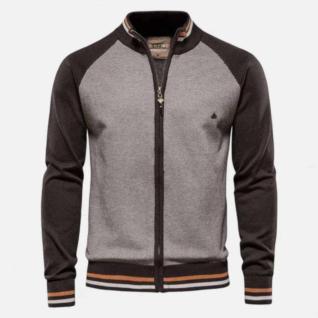 Men's navy color-block raglan sleeve knit jacket with textured front panel and stand collar