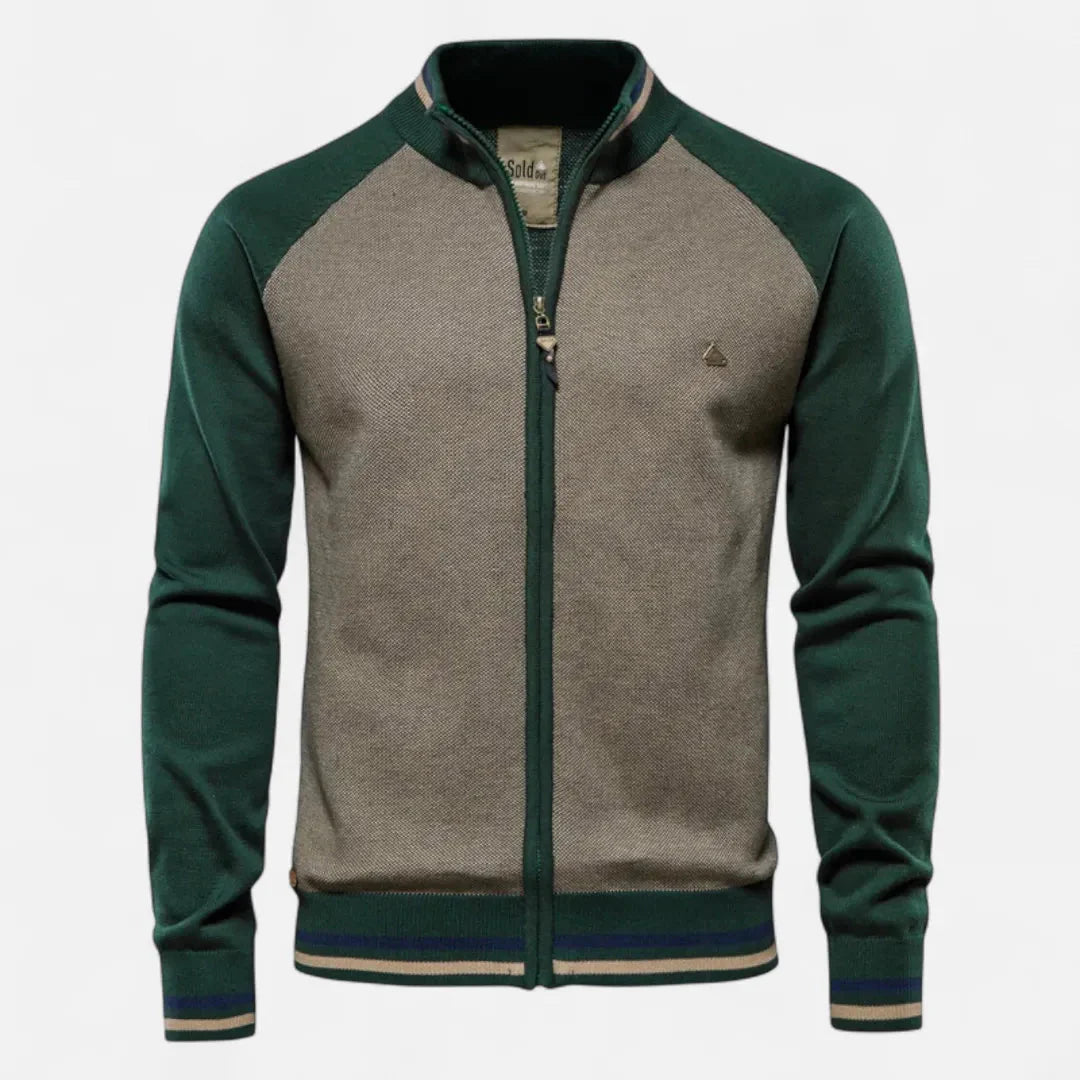 Men's sporty raglan sleeve full-zip knit jacket contrast color block textured front panel stand collar