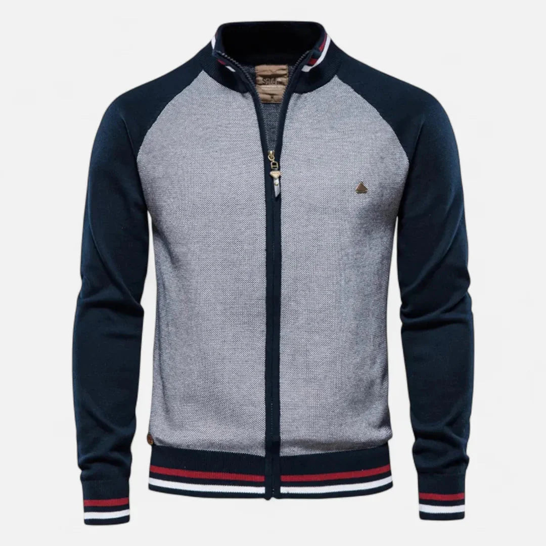 Men's sporty raglan sleeve full-zip knit jacket contrast color block textured front panel stand collar