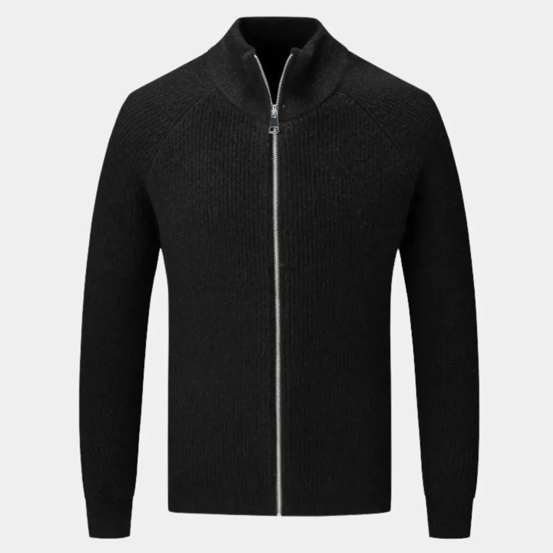 Men's ribbed cashmere blend full-zip sweater with stand collar, cozy warm knit texture