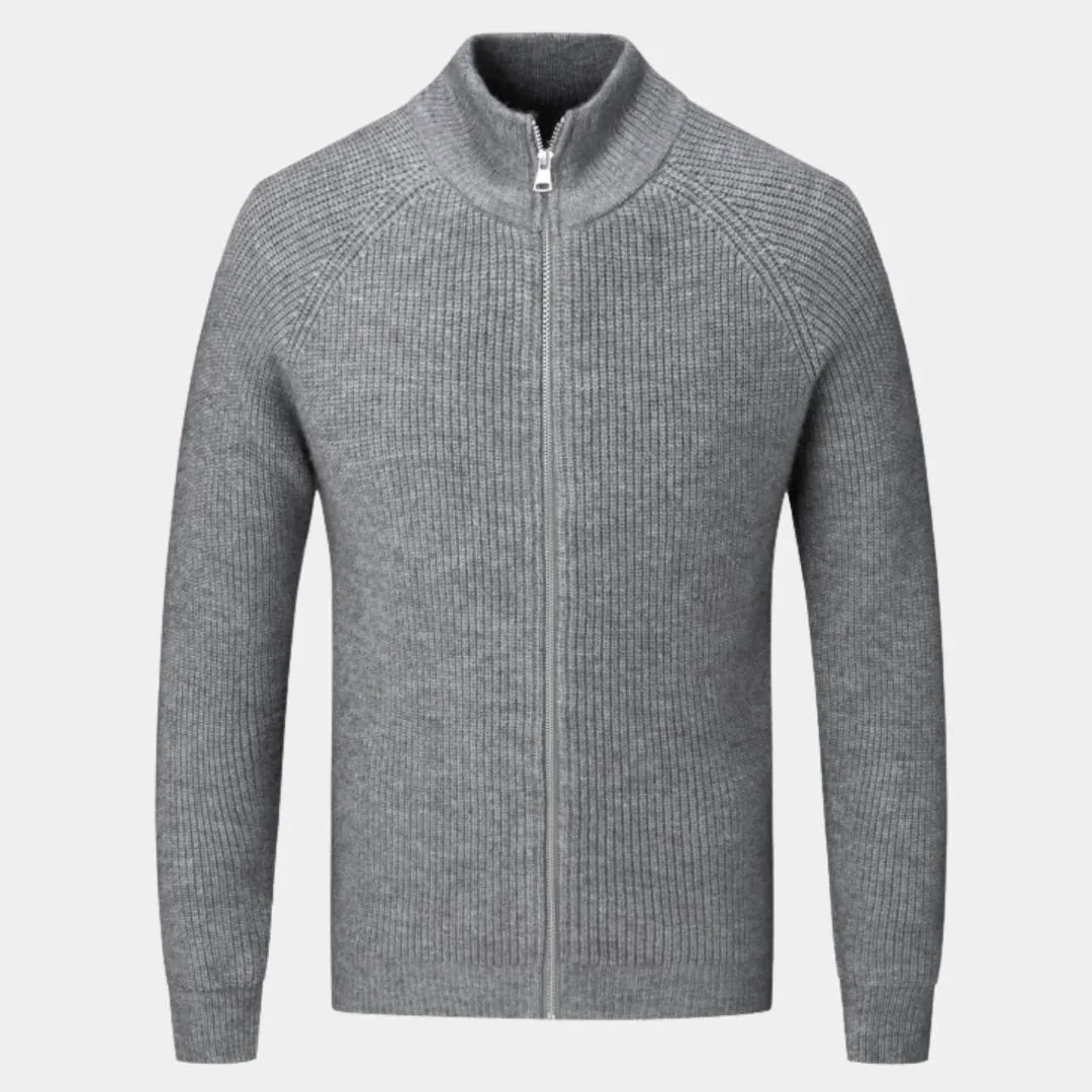 Men's ribbed cashmere blend full-zip sweater with stand collar, cozy warmth modern fit