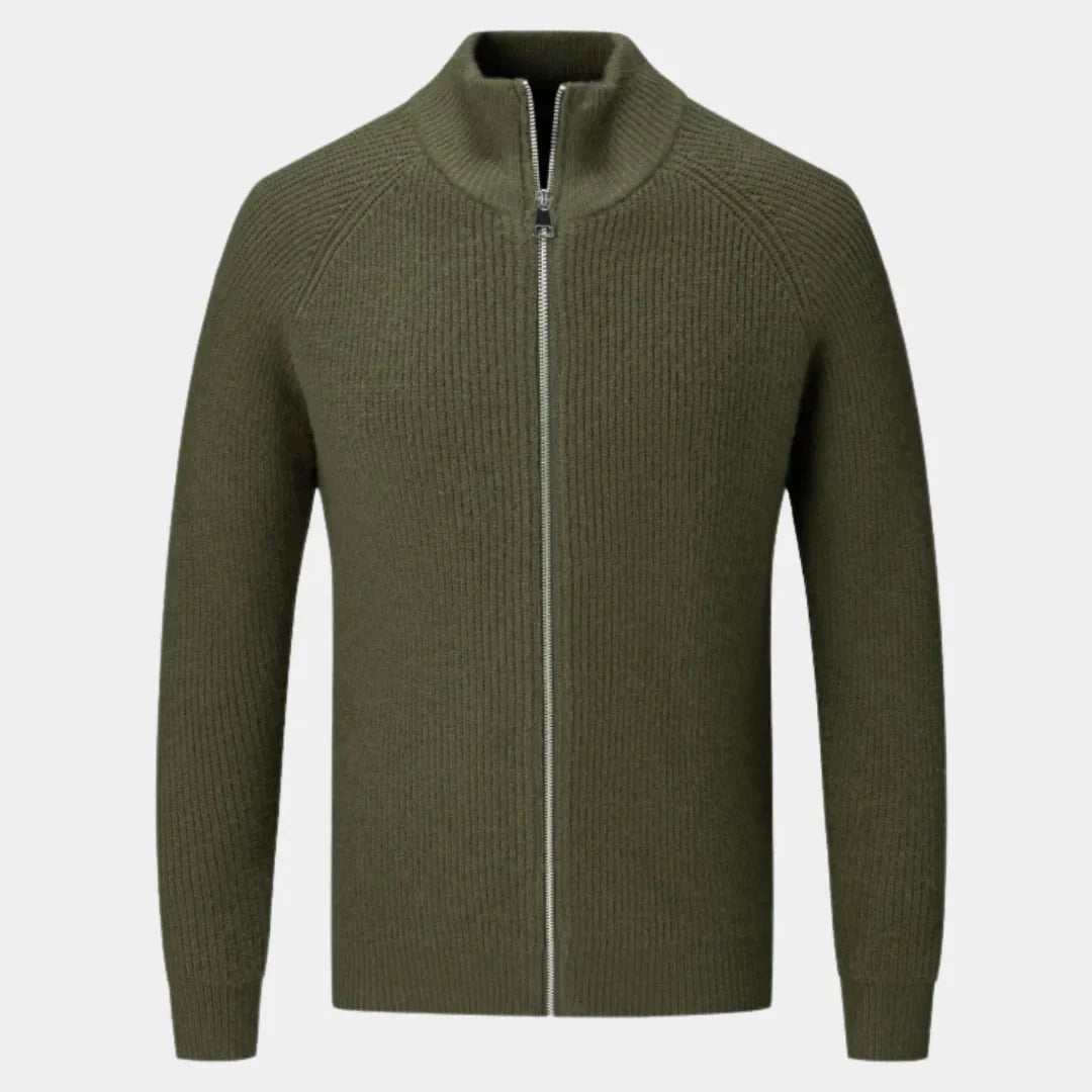 Men's ribbed cashmere blend full-zip sweater with stand collar, cozy warmth modern fit