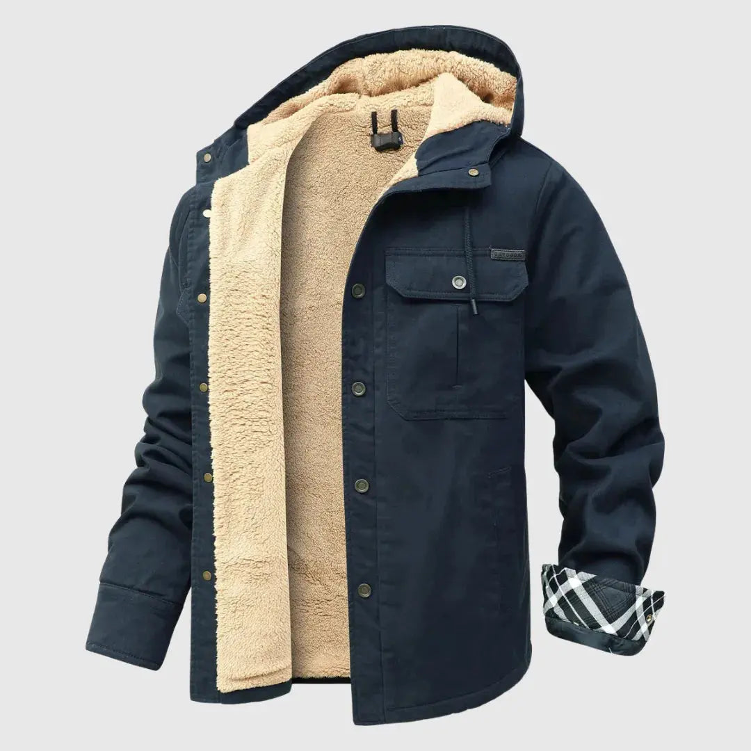 Men's sherpa fleece jacket rugged outer shell plush interior cold weather insulated zip-up coat