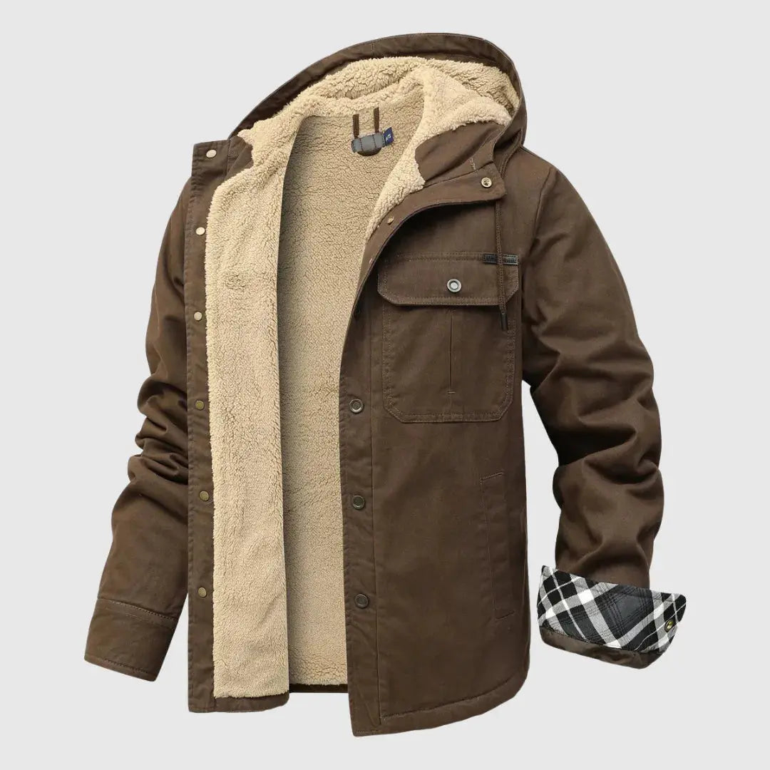 Men's sherpa fleece jacket rugged outer shell plush interior cold weather insulated zip-up coat