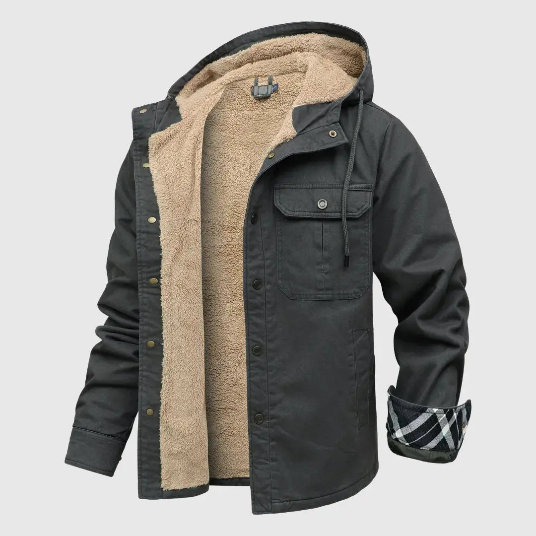 Men's sherpa fleece jacket rugged outer shell plush interior cold weather insulated zip-up coat