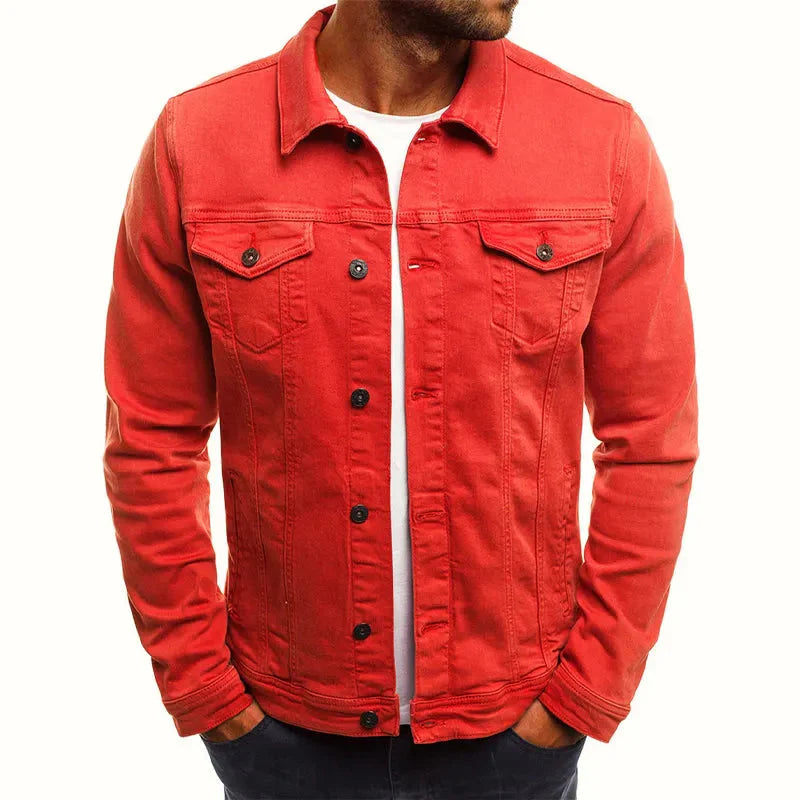 Men's slim fit blue denim jacket with stretch, buttoned front, sharp casual layering style