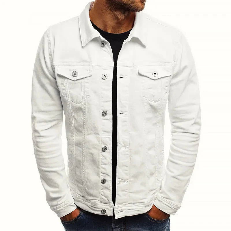 Men's slim fit stretch denim jacket in classic blue with buttoned front for sharp casual layering