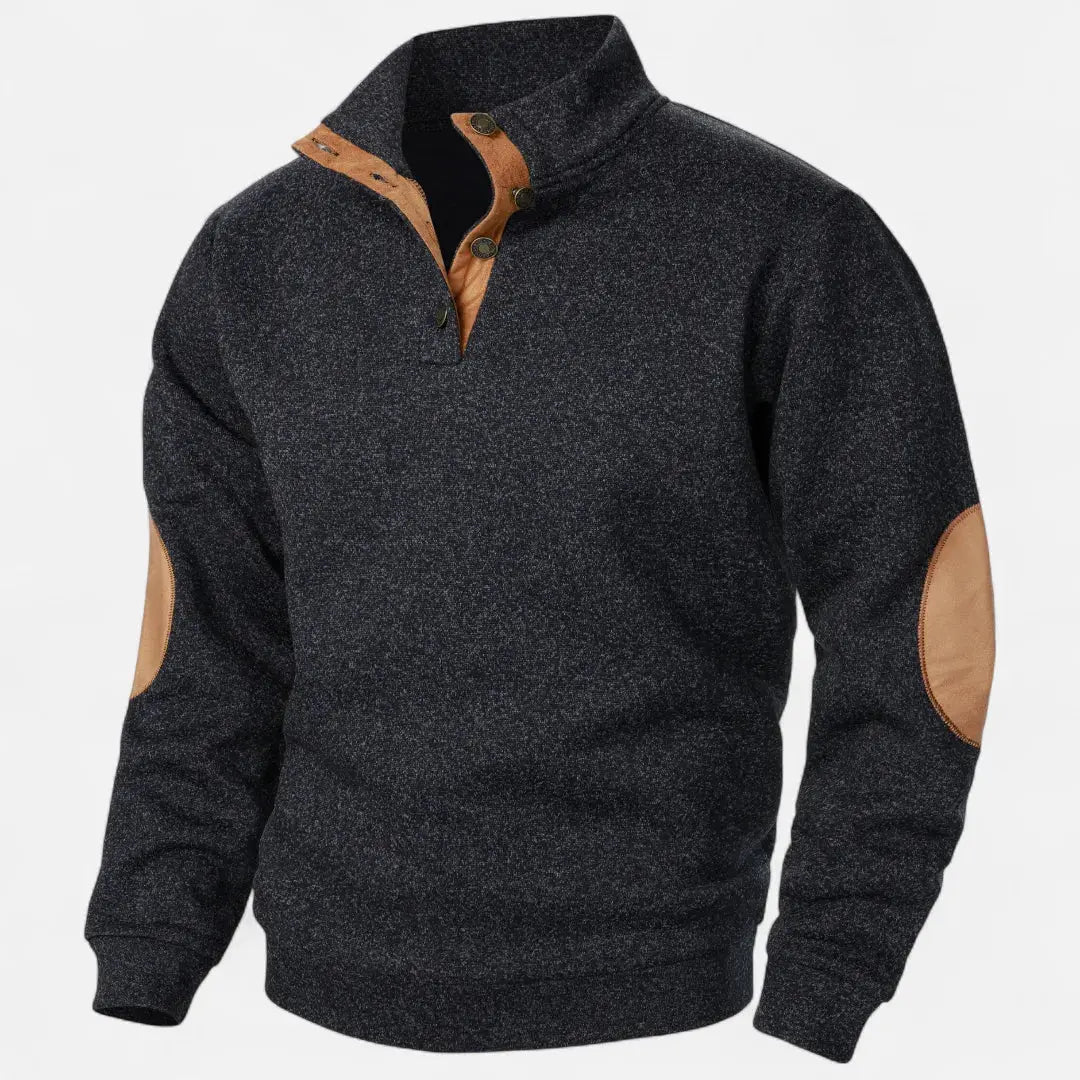Men's heathered knit sweater stand collar suede trim elbow patches heritage style casual sophistication