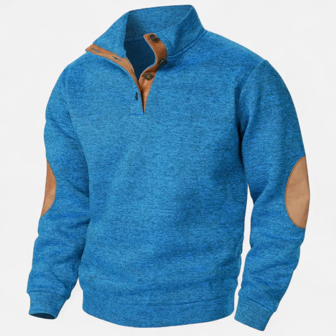 Men's heathered knit sweater stand collar suede trim elbow patches heritage style