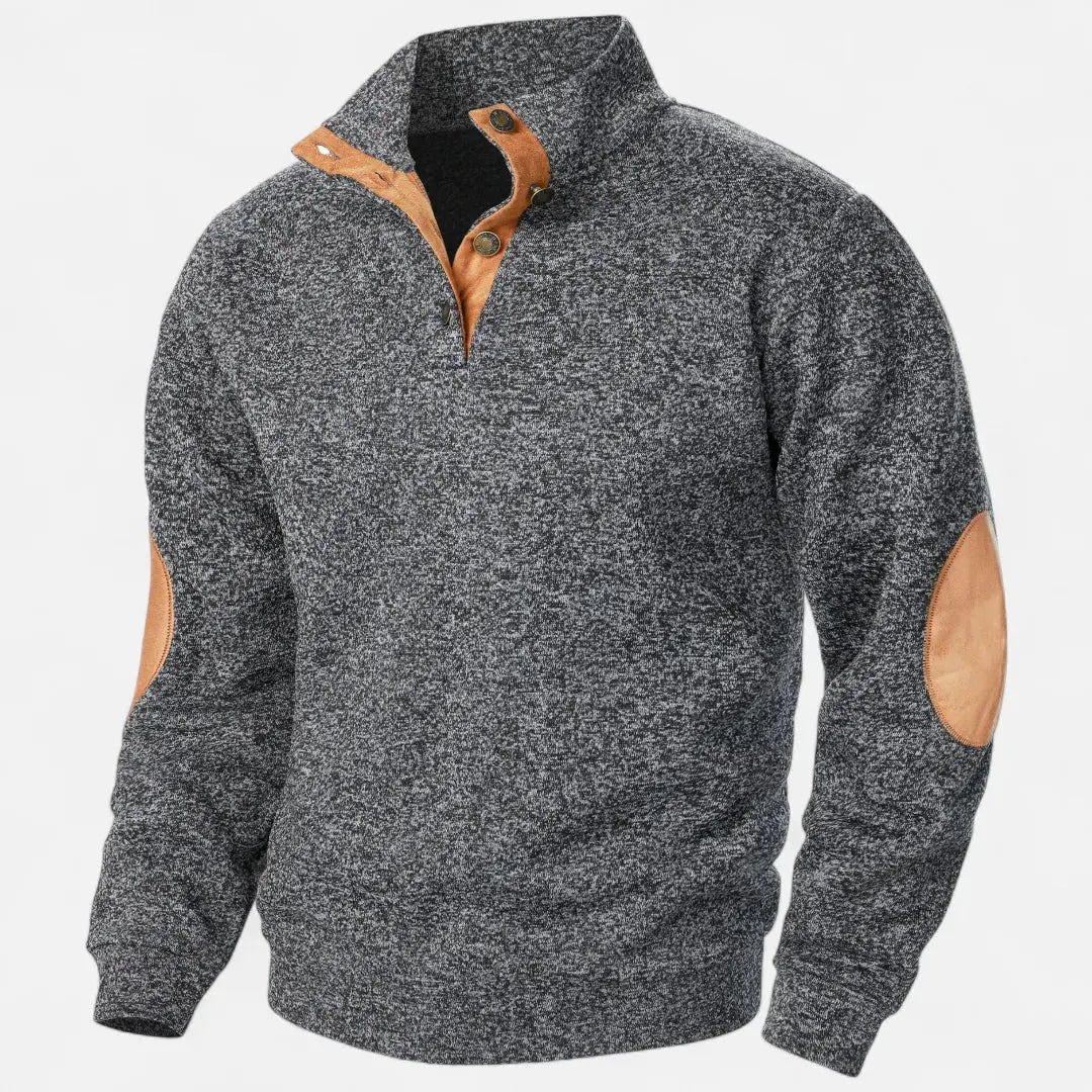Men's heathered knit sweater stand collar suede trim elbow patches heritage style timeless warmth