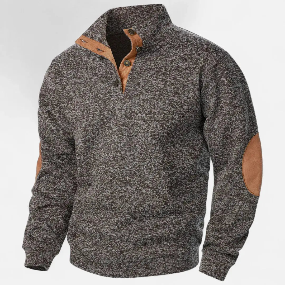Men's heathered knit sweater stand collar suede trim elbow patches heritage style casual sophistication