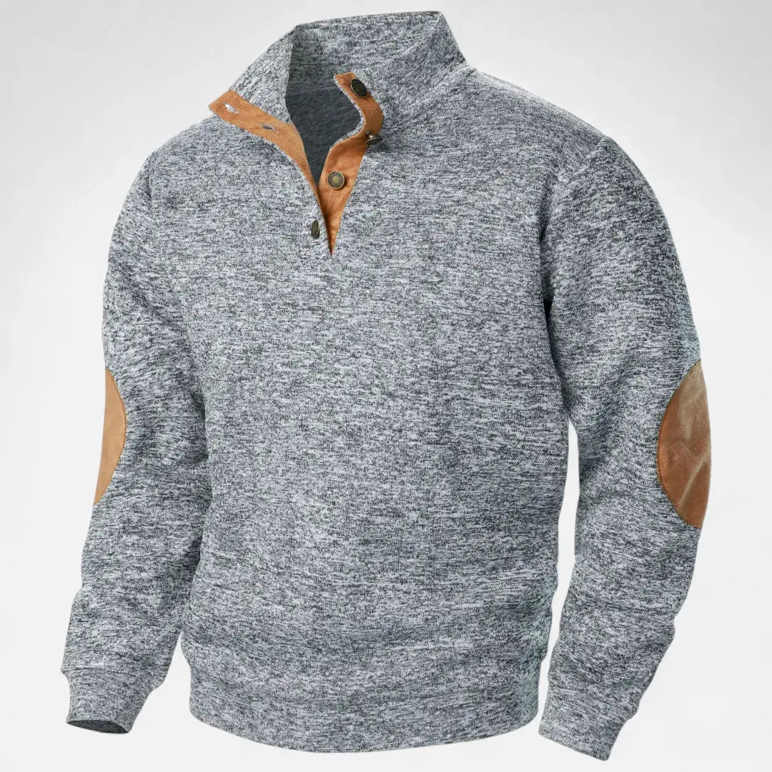 Men's heathered knit sweater stand collar suede trim elbow patches heritage style rugged refined