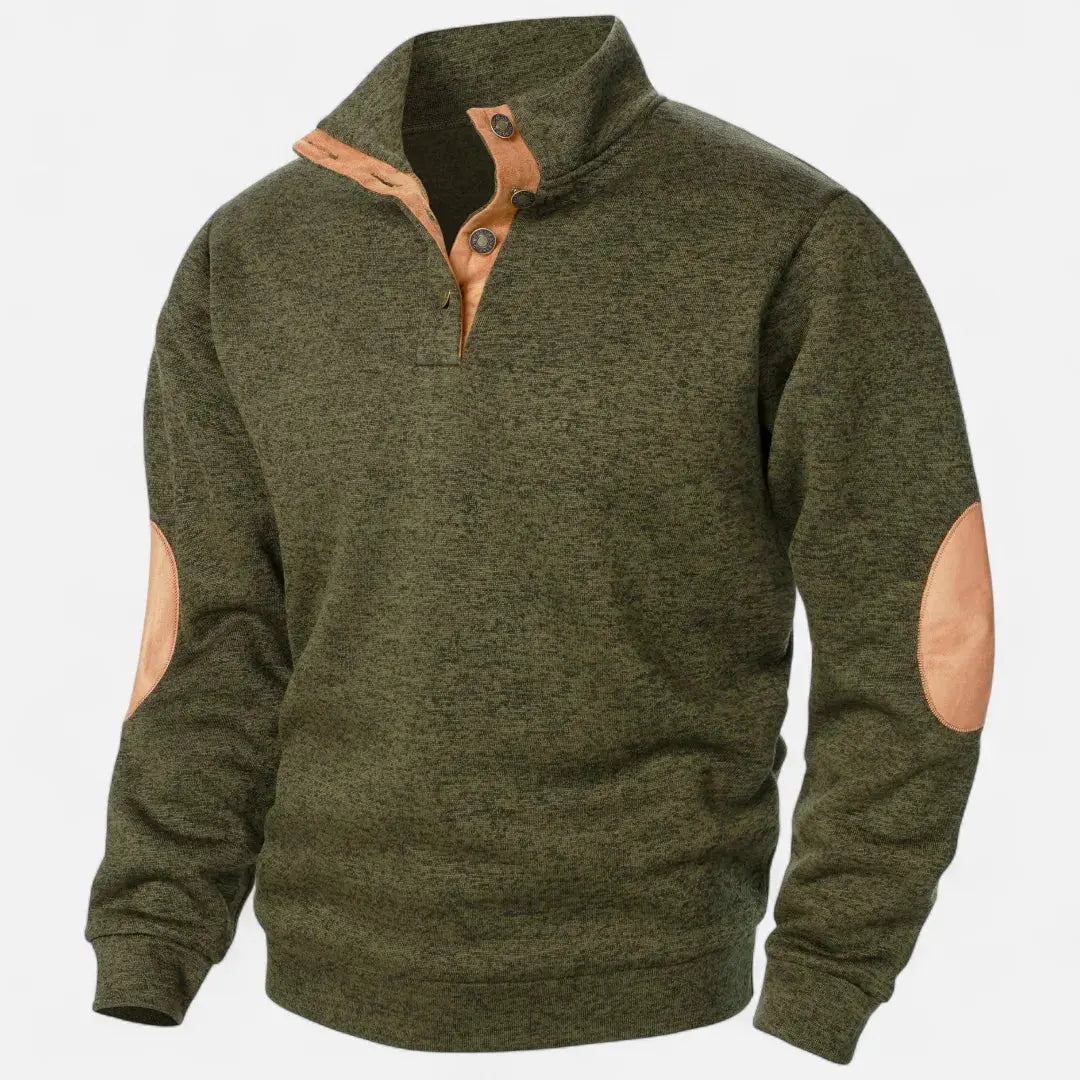 Men's heathered knit sweater stand collar suede trim elbow patches heritage style earthy tones