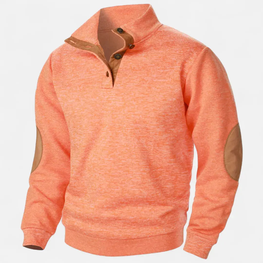 Men's heathered knit sweater stand collar suede trim elbow patches heritage style casual sophistication