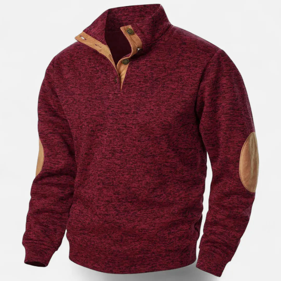 Men's heathered knit sweater stand collar suede trim elbow patches heritage style timeless warmth