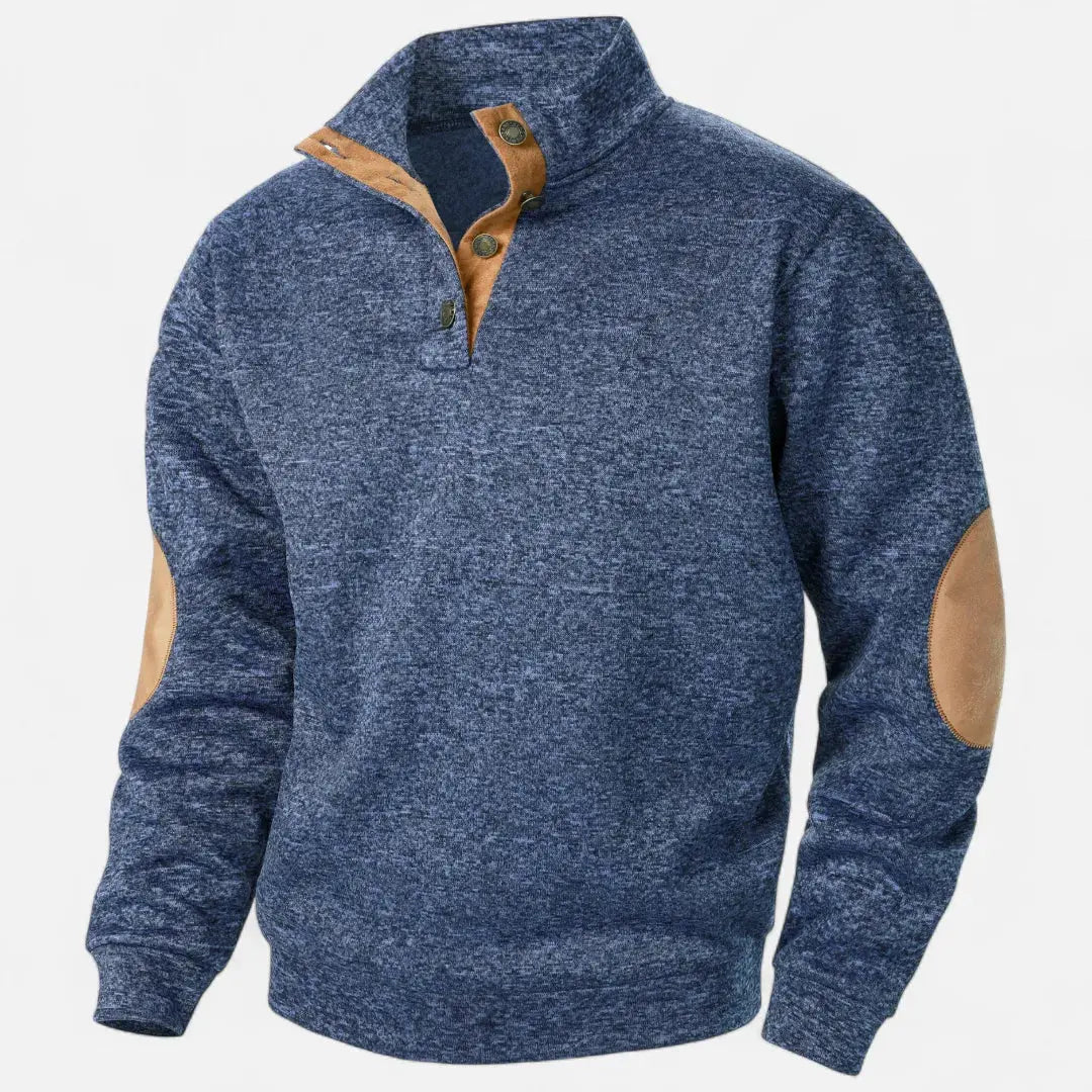 Men's heathered knit sweater stand collar suede trim elbow patches heritage style
