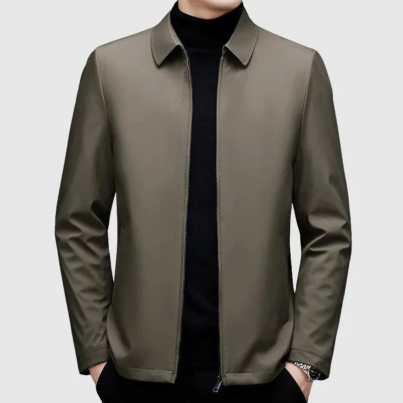 Men's navy down jacket turn-down collar full zip smart casual slim fit transitional outerwear
