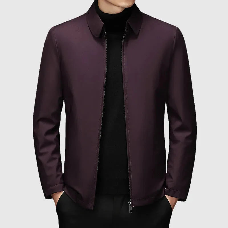 Men's navy slim-fit down jacket with turn-down collar and full zip for smart casual layering