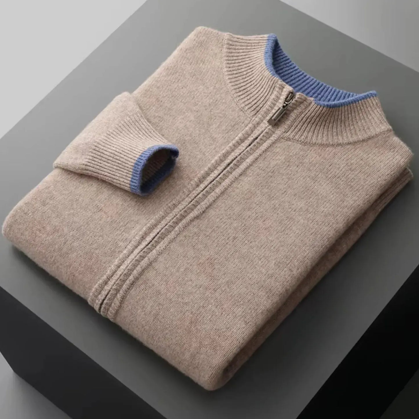 Men's merino wool full-zip sweater with two-tone ribbed collar, lightweight layering piece