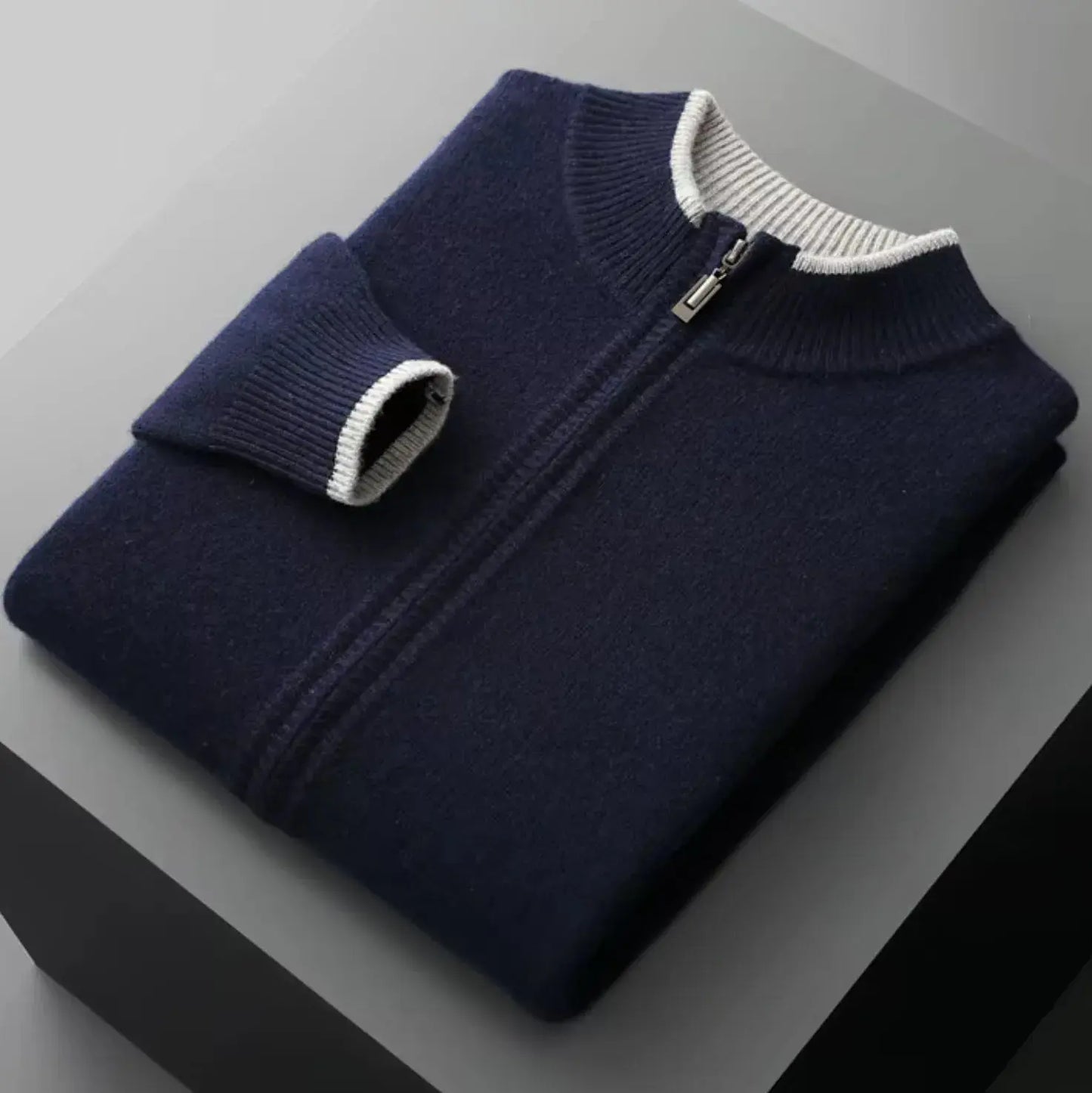 Men's merino wool full-zip sweater with two-tone ribbed collar, lightweight layer for everyday wear