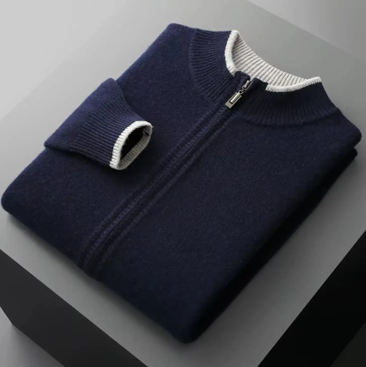 Men's merino wool full-zip sweater with two-tone ribbed collar, lightweight layer for everyday wear