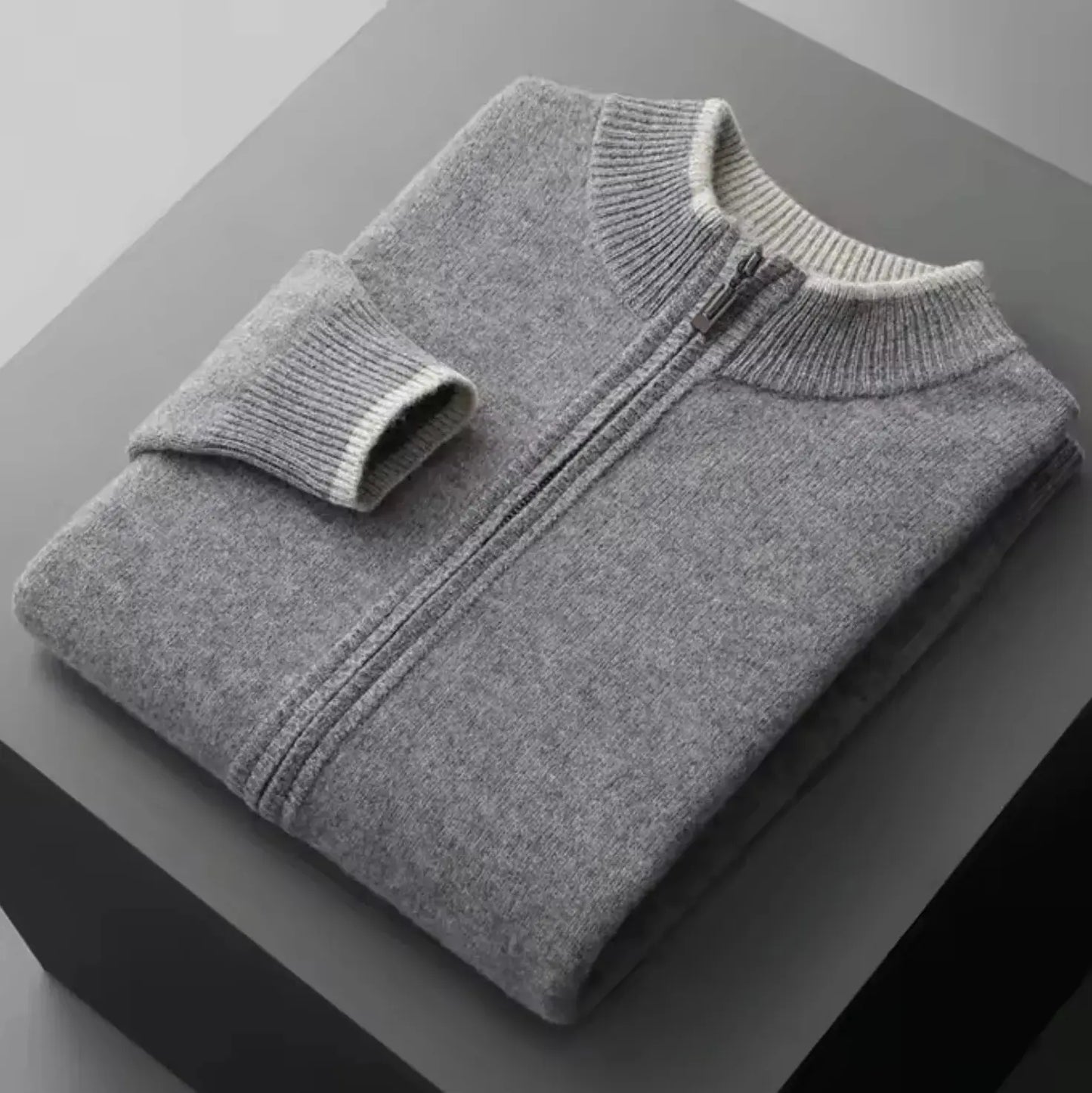 Men's merino wool full-zip sweater with two-tone ribbed collar, lightweight layer for everyday wear