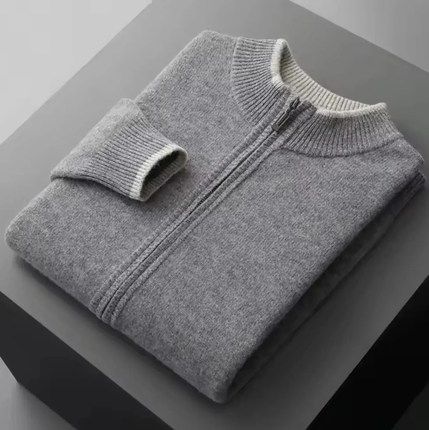Men's merino wool full-zip sweater with two-tone ribbed collar, lightweight layer for everyday wear
