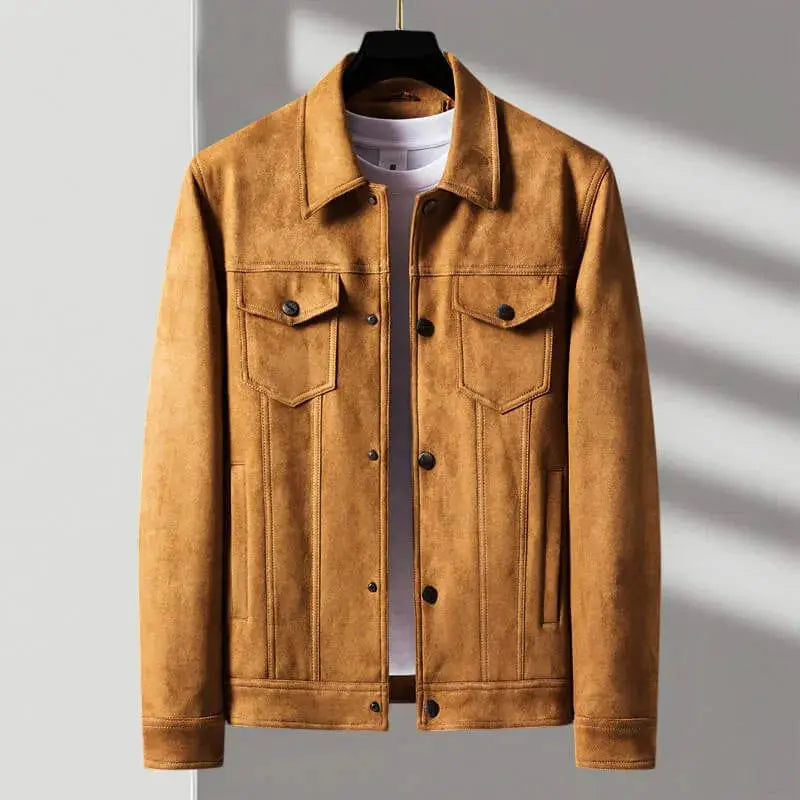 Men's vintage brown suede jacket tailored fit button-front closure with soft velvet finish