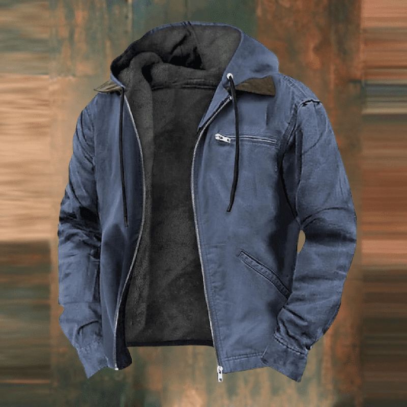 Men's casual navy zip-up hooded jacket with attached hood and relaxed modern silhouette