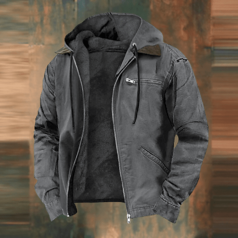 Men's casual zip-up hooded jacket in neutral tone, relaxed silhouette with attached hood for wind protection