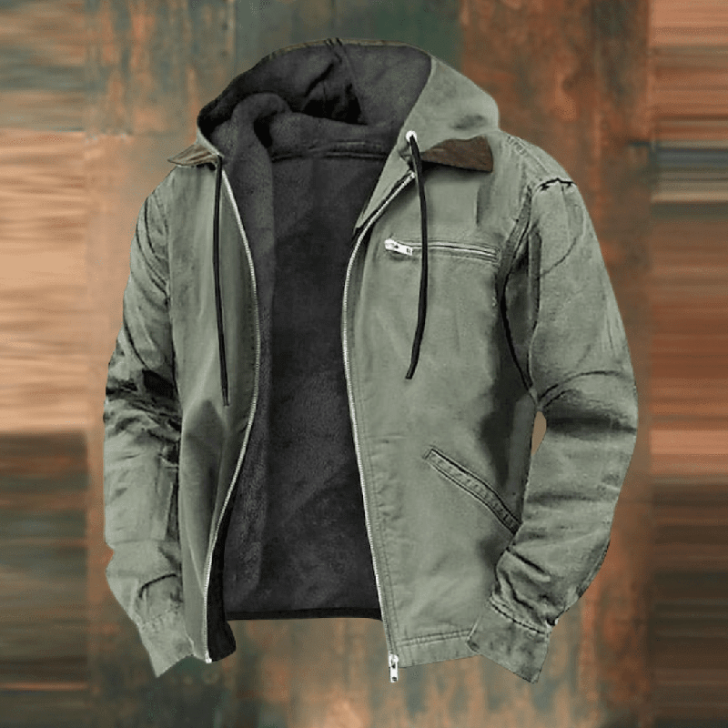 Men's casual zip-up hooded jacket relaxed silhouette with attached hood for wind protection