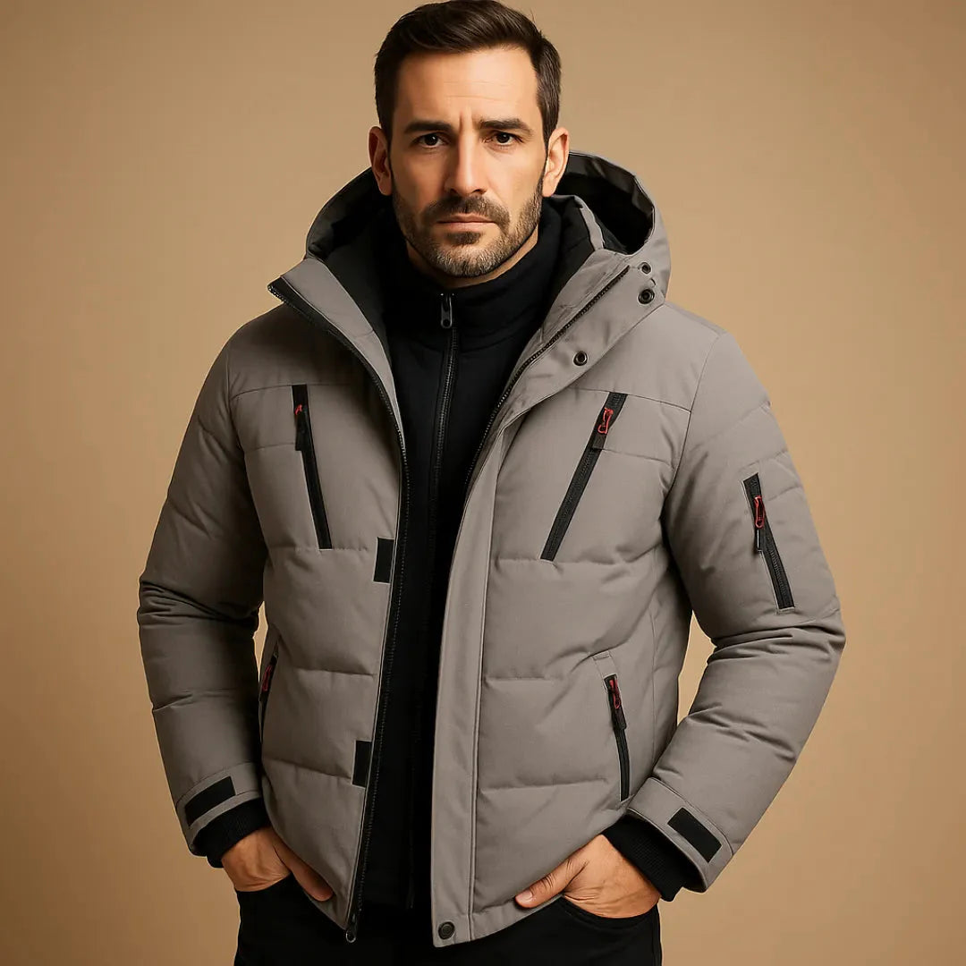 Men's waterproof winter jacket with insulated lining, weatherproof shell, all-season cold weather style