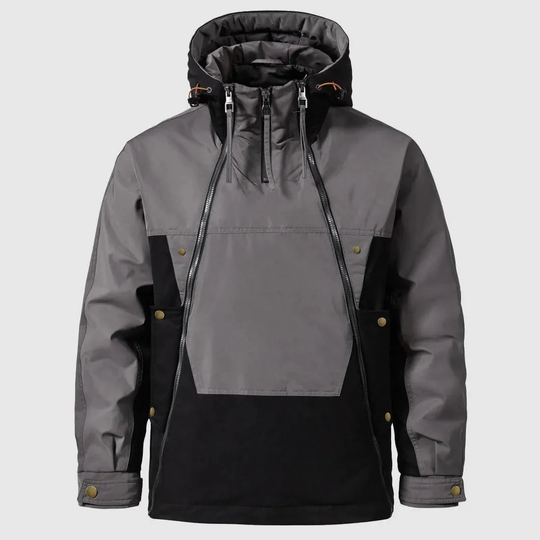 Men's insulated padded jacket with waterproof shell and adjustable hood for cold outdoor adventures