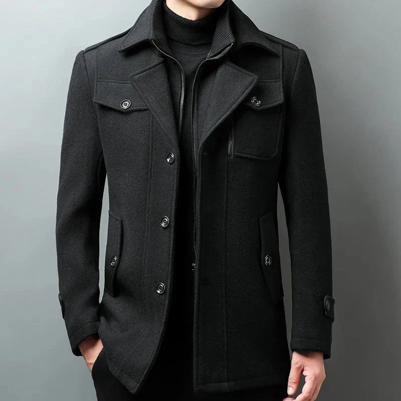 Men's wool blend pea coat tailored fit structured shoulders front button closure classic outerwear
