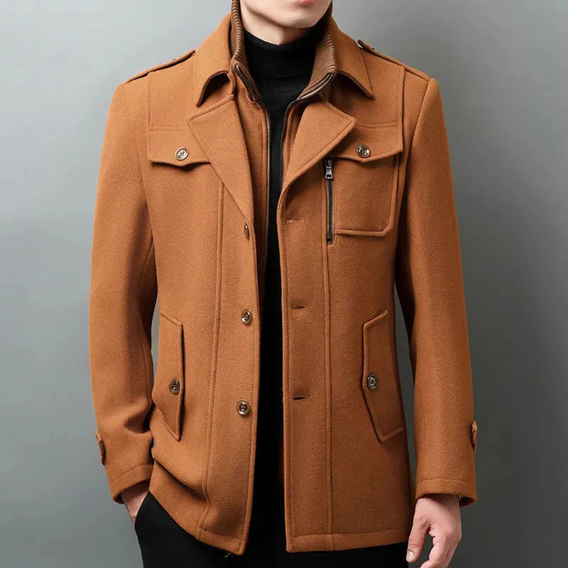 Men's wool blend pea coat tailored fit structured shoulders front button closure classic outerwear