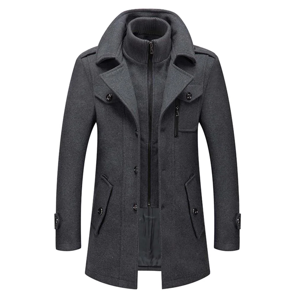 Men's navy layered zip jacket with removable insert, tailored structured collar for smart style