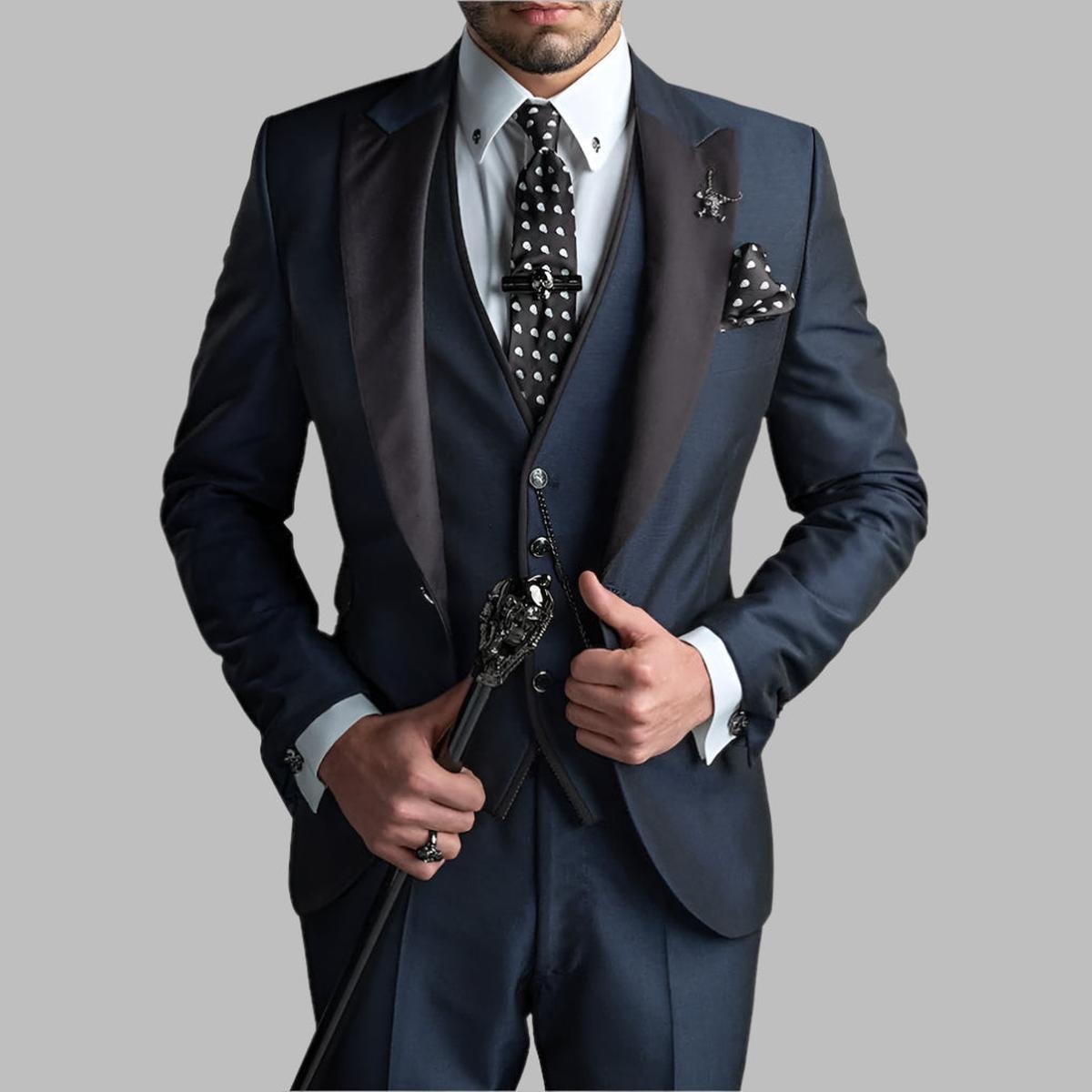 Men's navy blue three-piece wedding suit tailored fit with premium vest and coordinated trousers